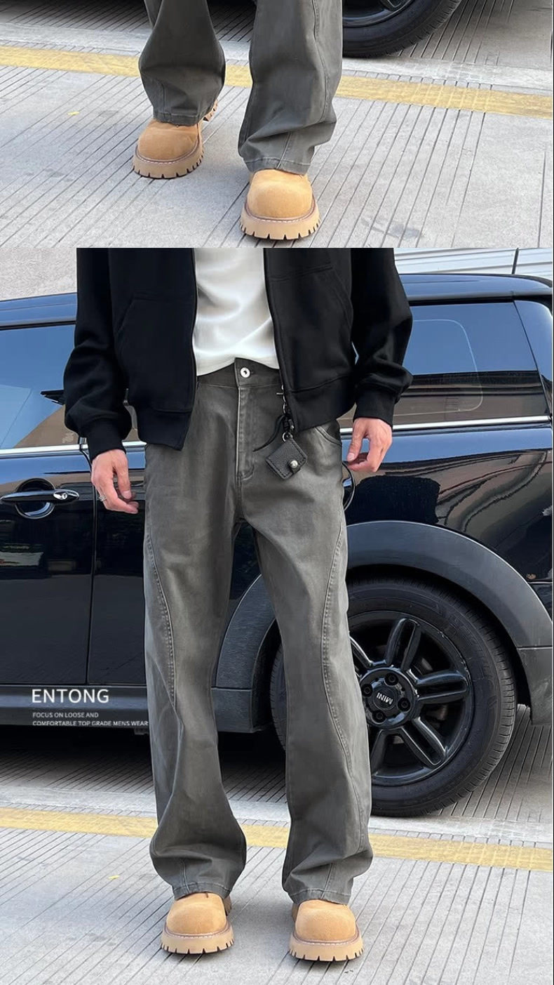 Men's Trendy High Street Distressed Patchwork Cargo Pants American Street Style Loose Straight Leg Casual Trousers_mkmklike.com