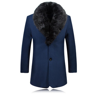 2023 Winter new men's mid-length woolen coat Korean style solid color plus velvet large fur collar warm trench coat