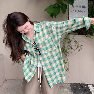 Green Plaid Loose Sunscreen Shirt Women's Summer New Artistic Korean Style White Casual Shirt Long Sleeve Trendy Cardigan