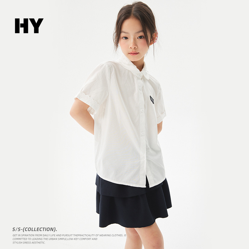 Girls' pure cotton shirt, 2026 summer new style, Korean style casual children's clothing top, thin short-sleeved trendy style for medium and large children.