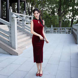 双鲤锦2026夏款无袖丝绒改良旗袍单层港风老上海气质民国风优雅日