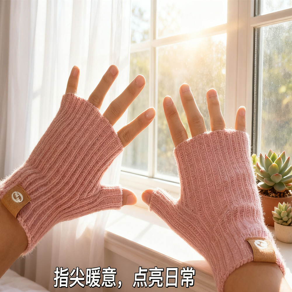 Half-Finger Touch Screen Wool Knitted Gloves Korean Style Label Half-Finger Gloves Harajuku Style Winter Warm Gloves for Women
