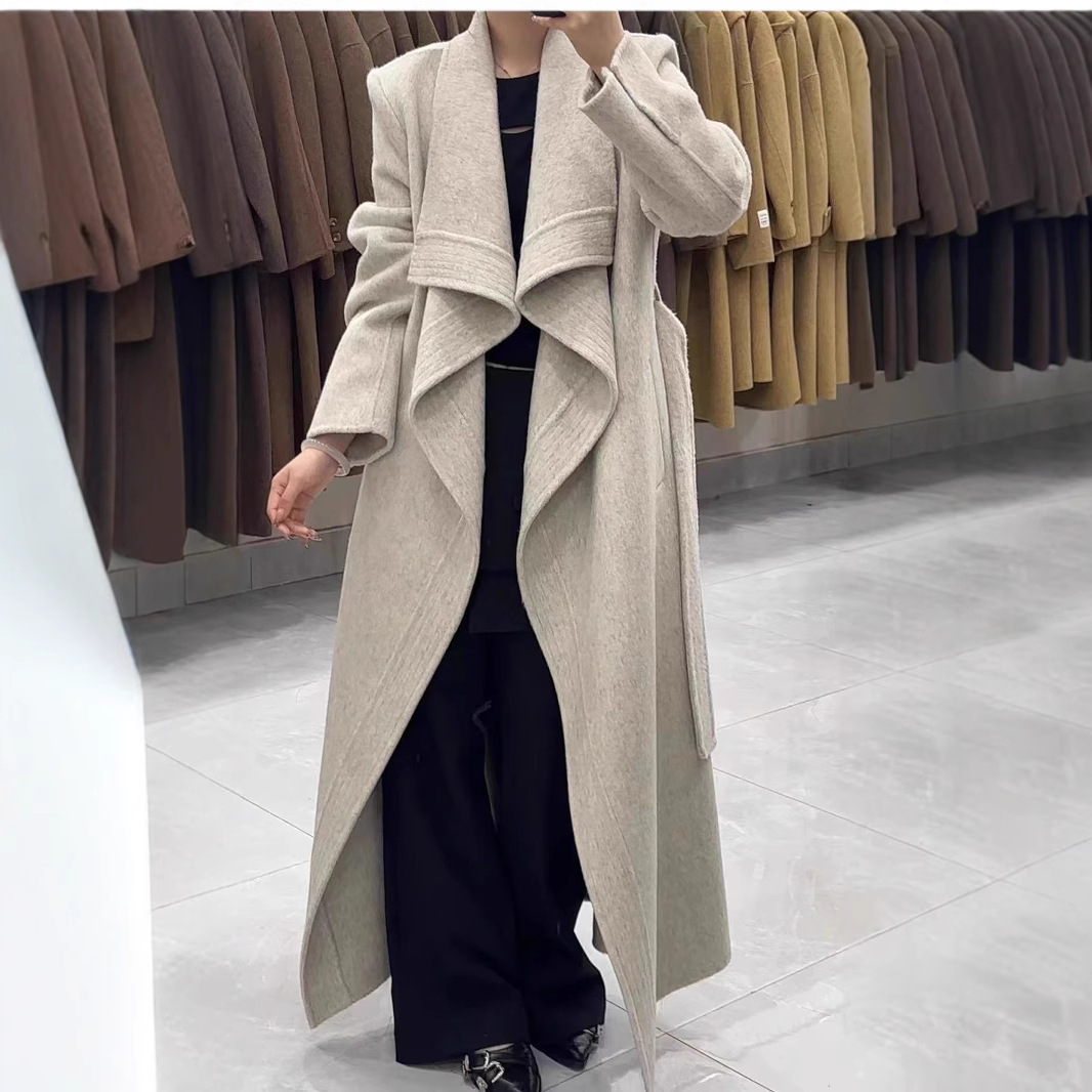 High-End 2025 Autumn and Winter New Style Double-Sided Woolen Coat with Patterned Edges, Elegant Tie-Up Loose Long Woolen Coat for Women