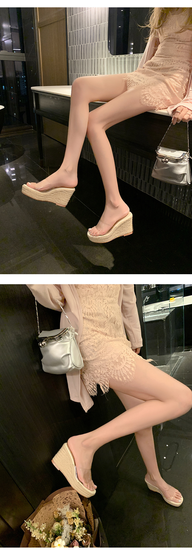 Sandal cao gót nữ đính đá quai ngang mũi hở đế xuồng cao gót 9 cm — Mặt đính đá trắng kem, Mặt trơn trắng kem chi tiết 18