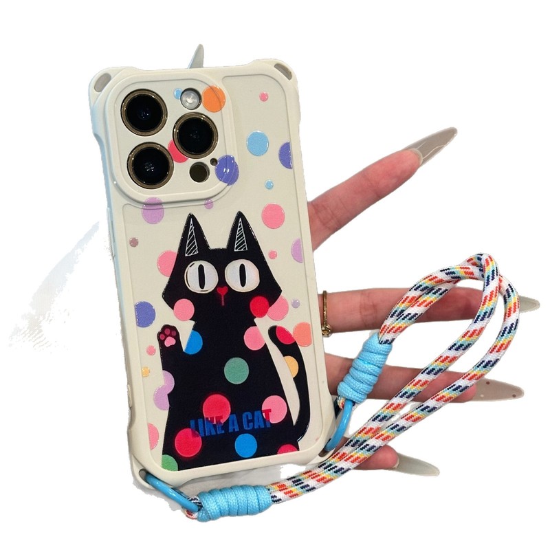 彩色波点黑猫适用苹果16手机壳oppo挂绳防摔vivo小米15华为pura70|undefined