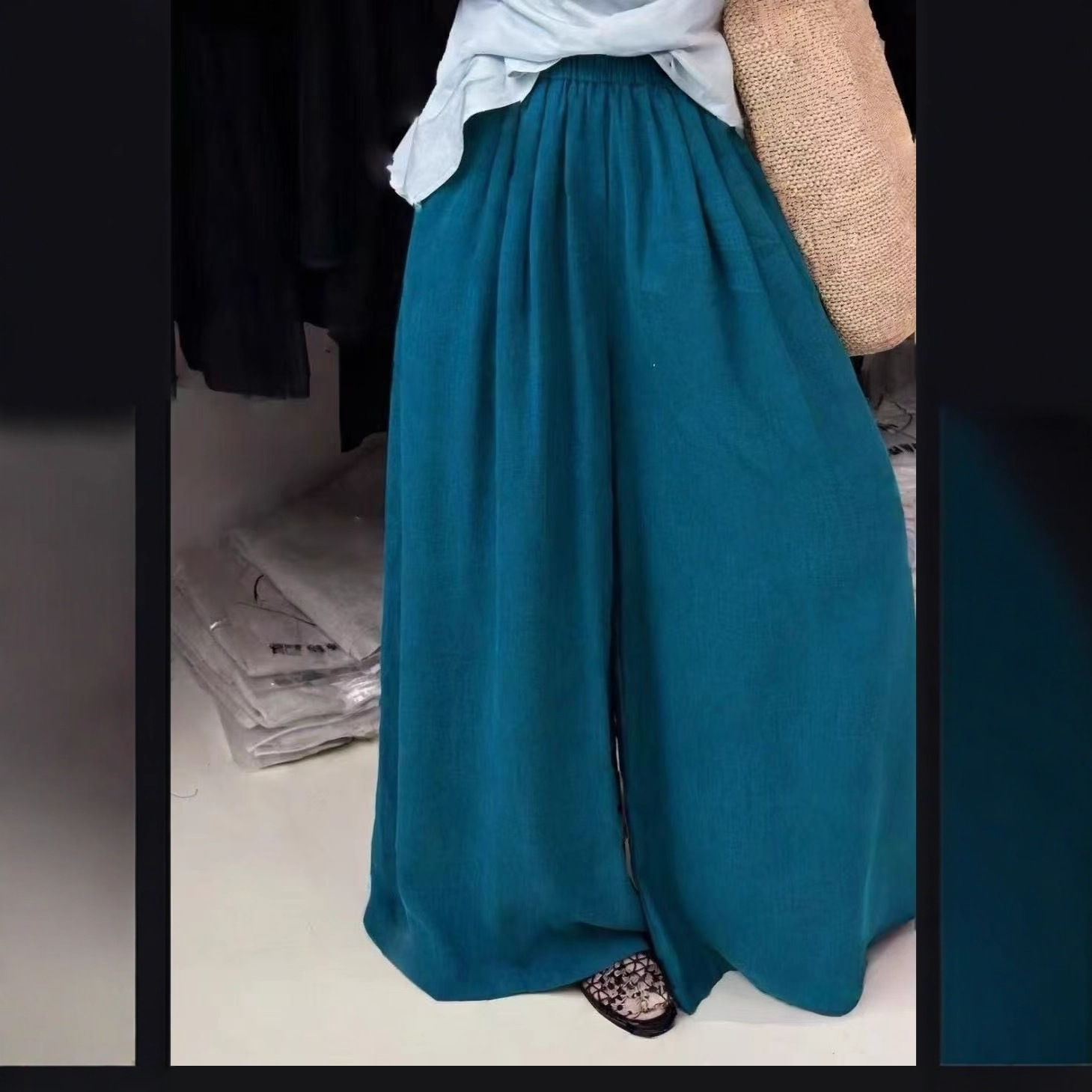 202新亚麻面料全松紧腰长裤大裤脚纯色阔腿裤