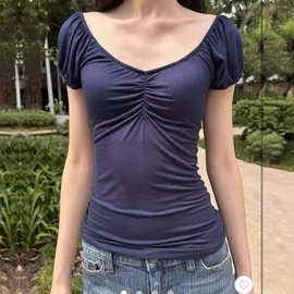 BM风藏青色褶皱花边V领大领口泡泡袖短袖T恤女bm修身显瘦薄款上衣