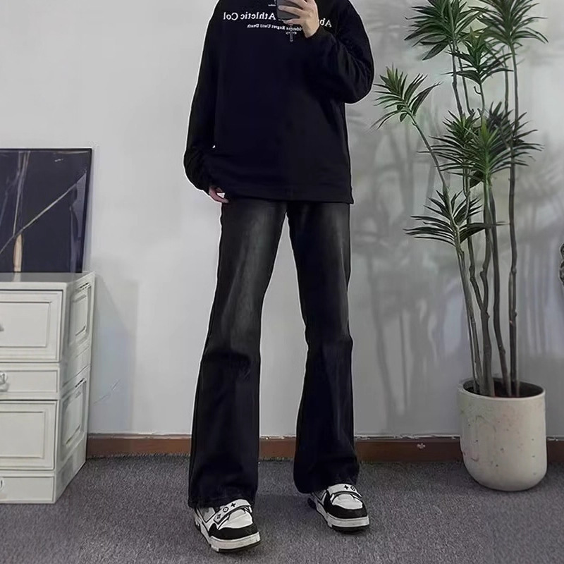 American High Street Style High-Waisted Pants Autumn Black Gray High-Crotch Flared Jeans Men's Slimming Leg-Lengthening Straight Pants