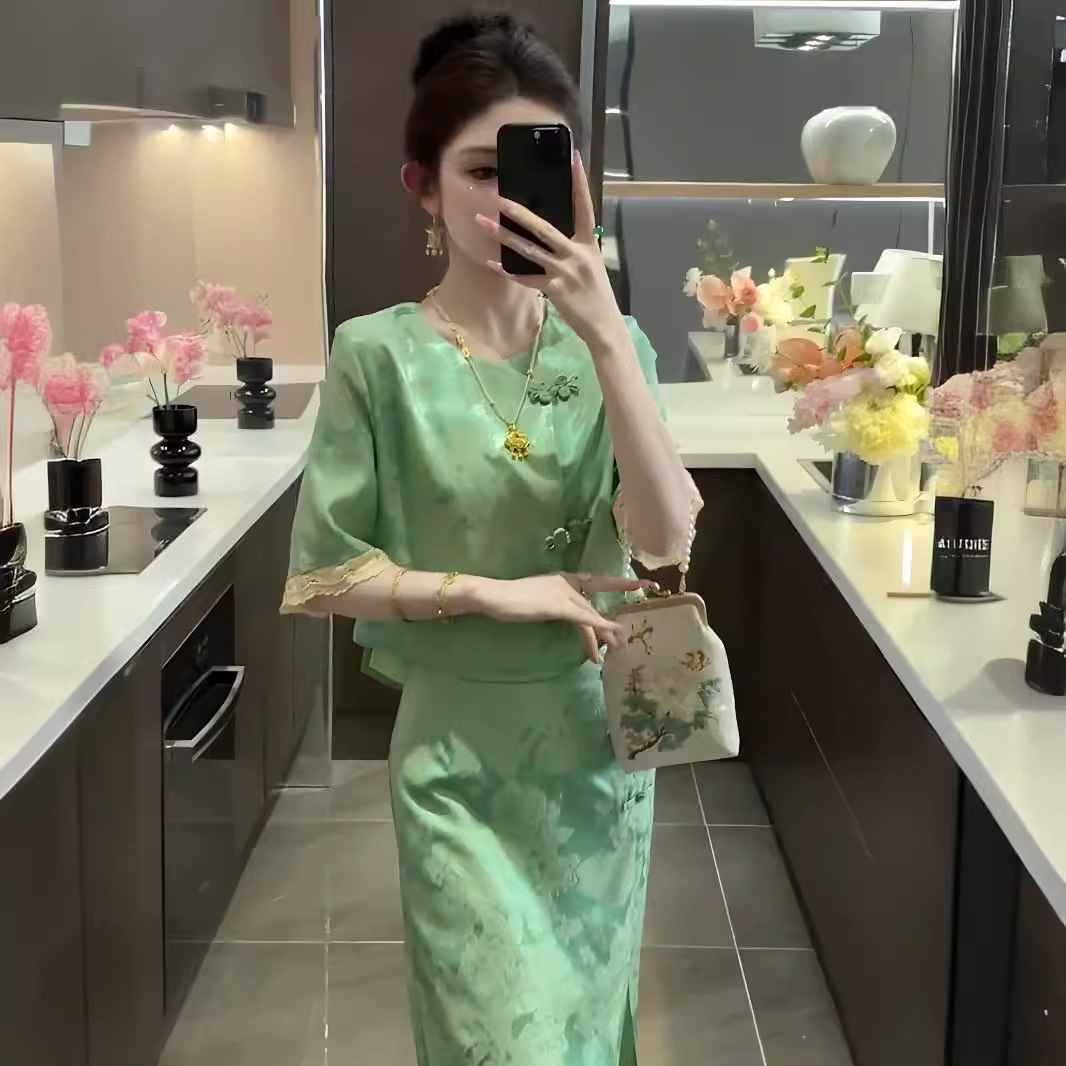 Bộ váy hai mảnh kiểu Trung Quốc mùa hè dành cho nữ, thiết kế sang trọng nhẹ nhàng — Màu xanh lá