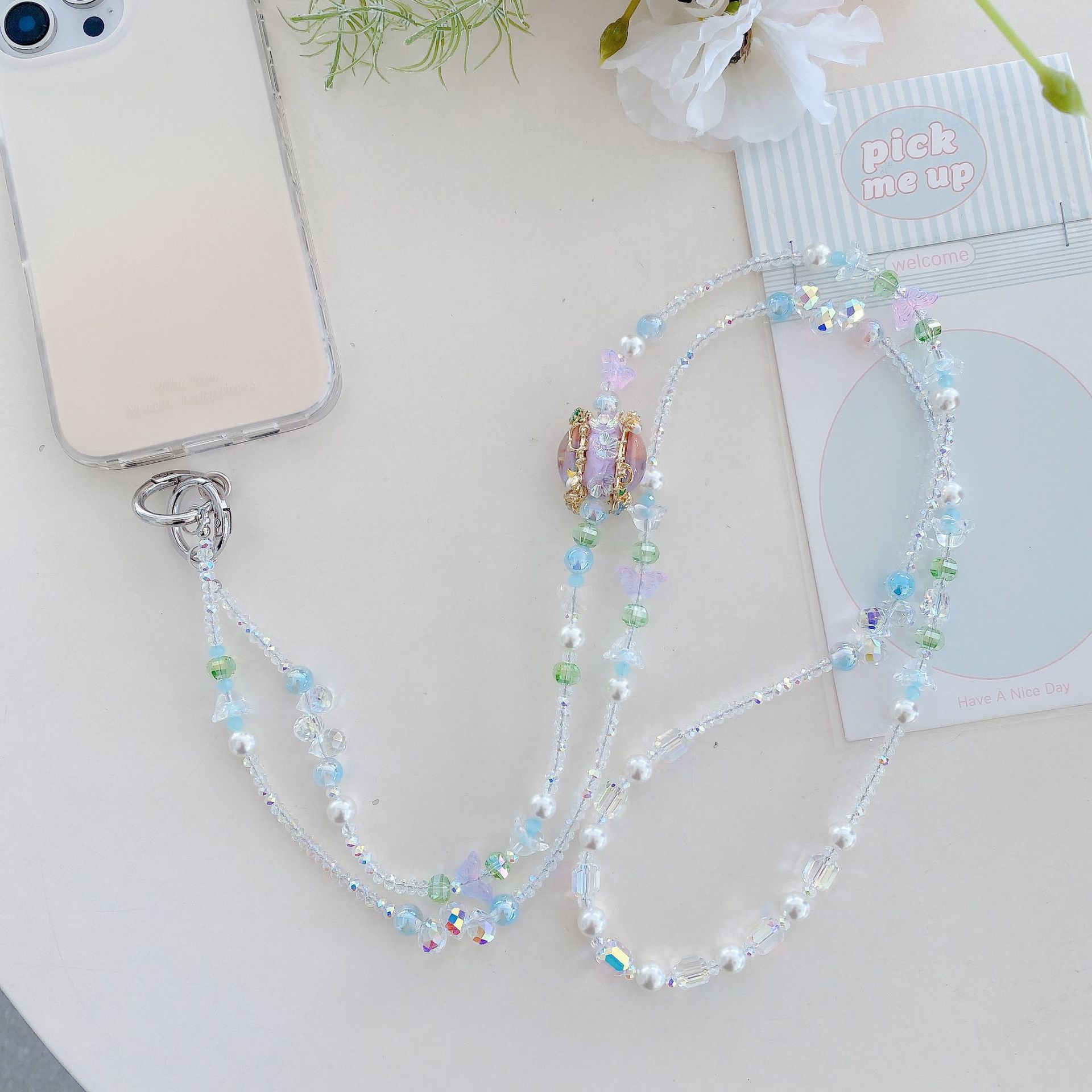 Cadena colgante de teléfono móvil de alta gama hecha a mano boutique ins cuentas de mariposa cadena larga cordón de teléfono móvil de moda colgante de mensajero largo/