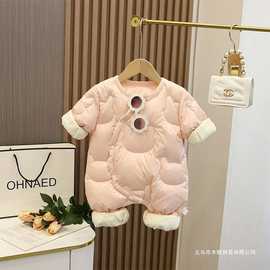 婴儿轻薄绣花绒羽绒服男女宝宝冬款羽绒连体衣婴童满月百天外出服