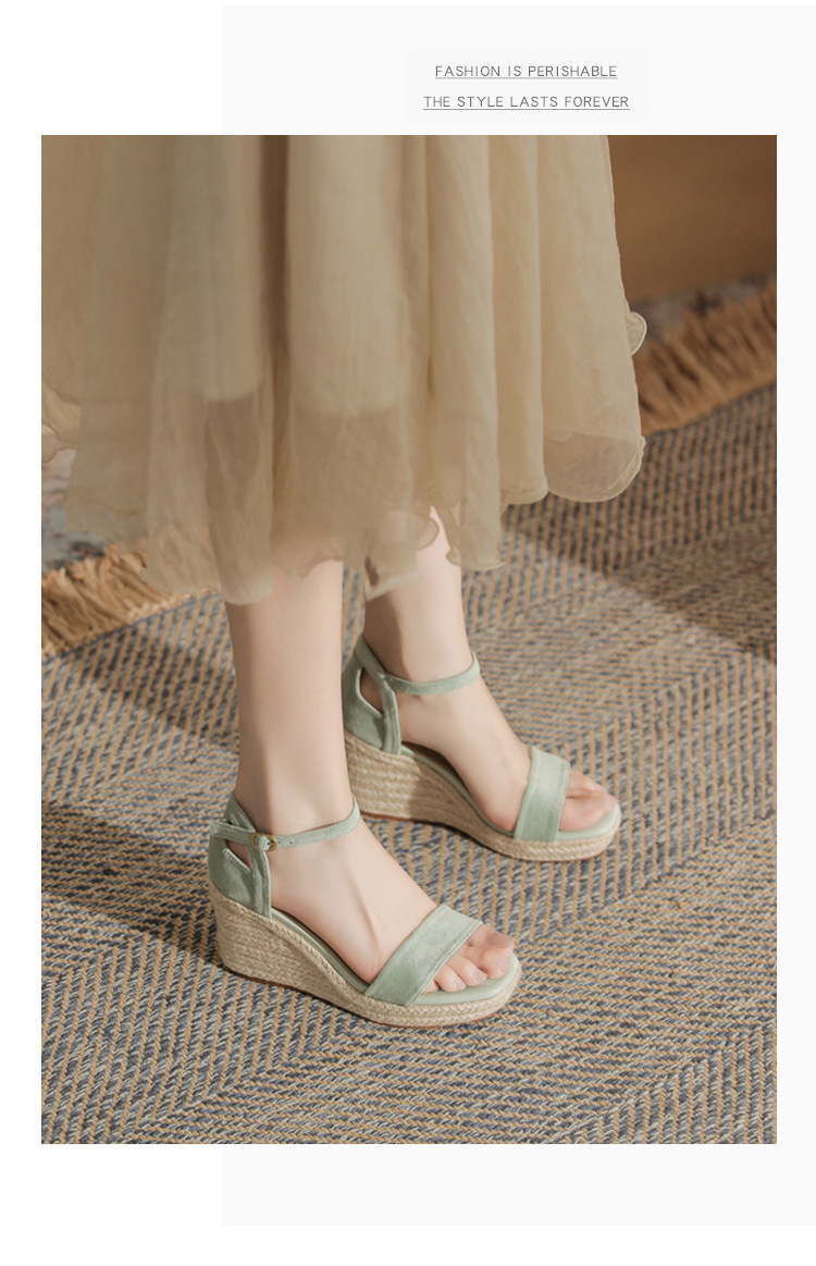 Sandal nữ gót xuồng cao đế dày hở mũi quai đan dây thừng — Xanh lá cây nhạtcolor chi tiết 14