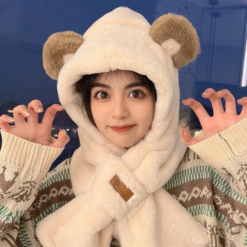 New 2024 Little Bear Plush Hat, Neck Scarf, One Piece Winter Cute Cycling Warm Hat Set_voghion.com