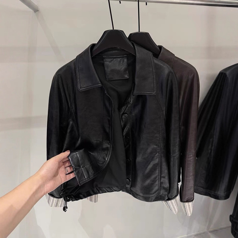 韩系拼接休闲短款PU皮外套女2025春秋新款设计感翻领软皮夹克上衣|undefined