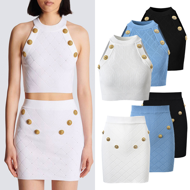 French-Style Elegant Ladylike Elastic Slim-Fit Slimming Suit 2025 Summer New Metal Buckle Vest + Skirt French-Style Elegant Ladylike Elastic Slim-Fit Slimming Suit 2025 Summer New Metal Buckle Vest + Skirt