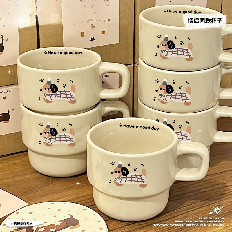 Stackable Ceramic Mug, light luxury dachshund design, breakfast cup with handle and spoon option