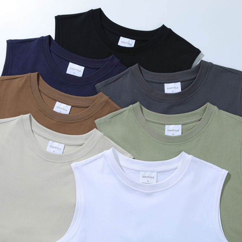 32s hilo doble 245g algodón marca de moda chaleco suelto color sólido casual sin mangas camiseta nacional moda logotipo impreso bordado