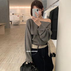 i miss2025秋季温柔法式斜肩短款针织衫加背心吊带两件套女套装