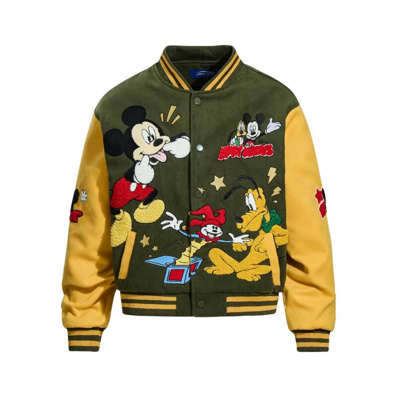 Cartoon Mickey Velvet Embroidered Baseball Jacket 2026 Cross-Border Dropshipping American Retro Woolen Color-Blocking Student Jacket Cartoon Mickey Velvet Embroidered Baseball Jacket 2026 Cross-Border Dropshipping American Retro Woolen Color-Blocking Student Jacket