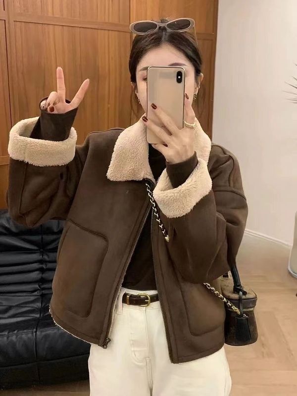 秋冬加绒加厚麂皮毛一体羊羔毛外套高中生女生翻领老钱风夹克干部|undefined