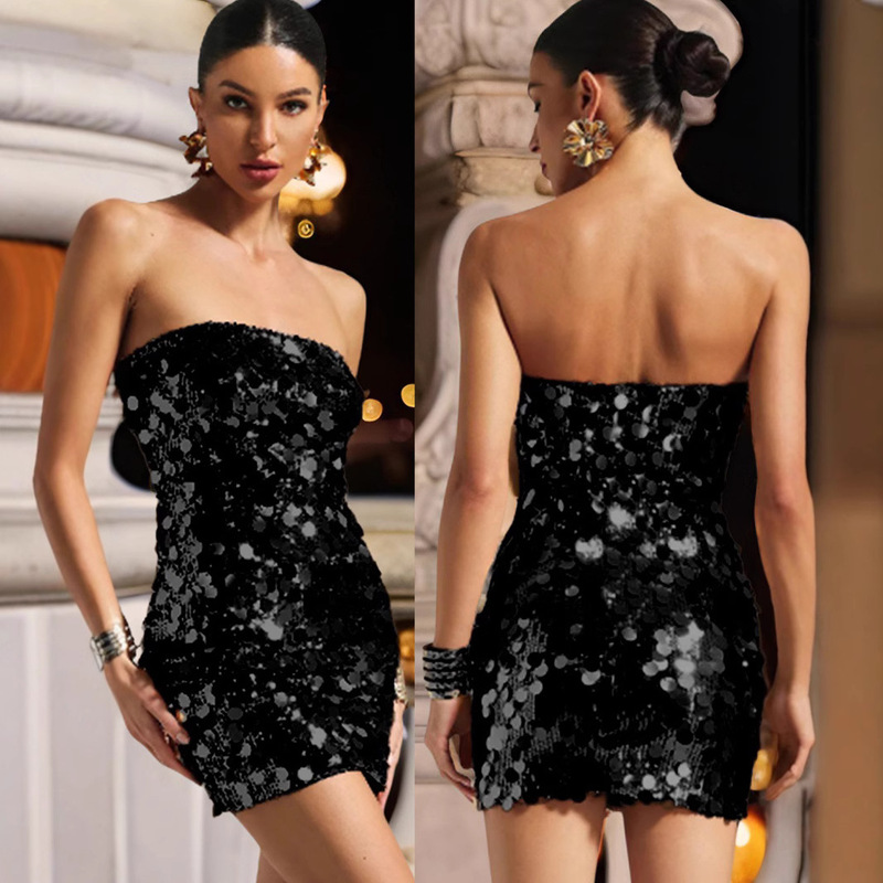 2025 Sexy Backless Black Sequin Dress European and American Foreign Trade Cross-Border Women's Clothing Aliexpress Amazon Small Dress