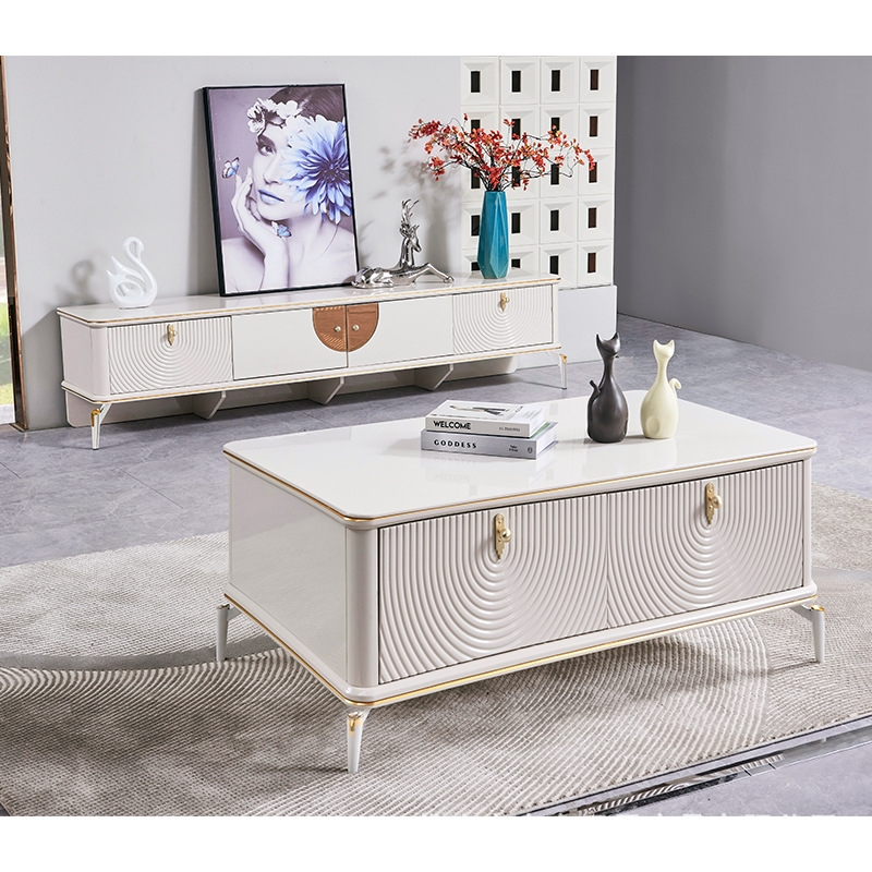 New White Simple Panel Living Room Furniture Set Small Apartment Modern Home Storage Coffee Table Tv Cabinet Combination