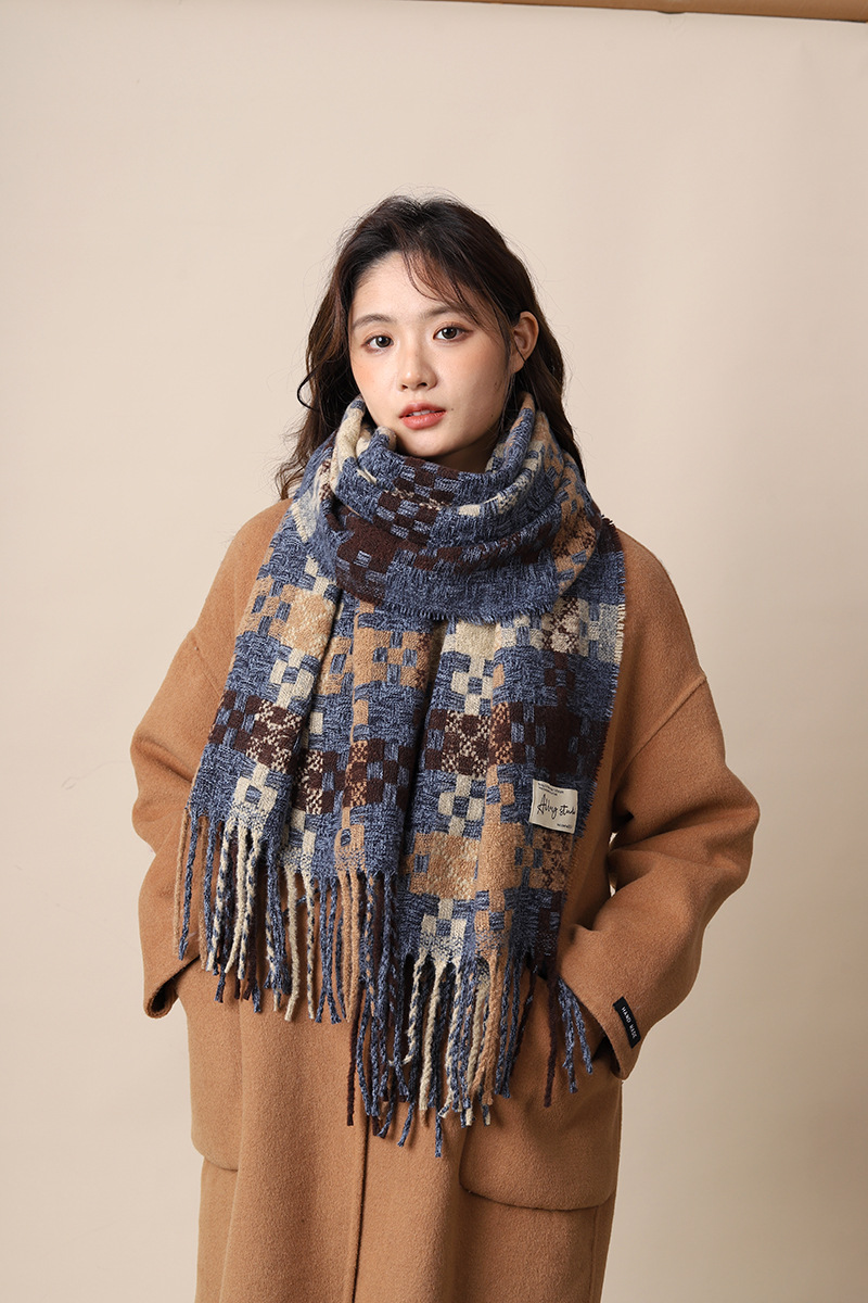 Autumn and winter atmosphere woven plaid fringe warm scarf couples, enlarged thick long scarf, shawl for warmth_voghion.com
