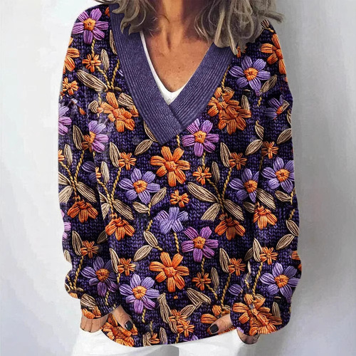 Autumn/Winter New Women's Knitwear Fashion Trend Floral V-Neck Knitwear E124