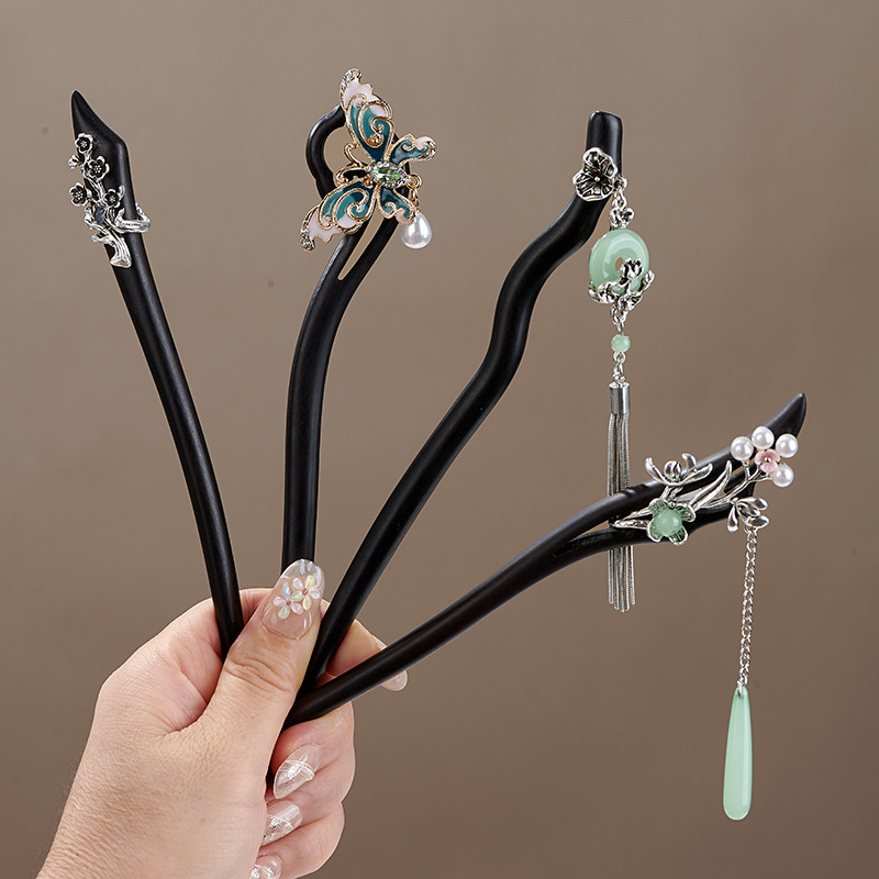 New Chinese Style Ebony Hairpin Ethnic Style Classical Tassel Hairpin Handmade Han Dynasty Cheongsam Hairpin Wooden Hairpin for Women