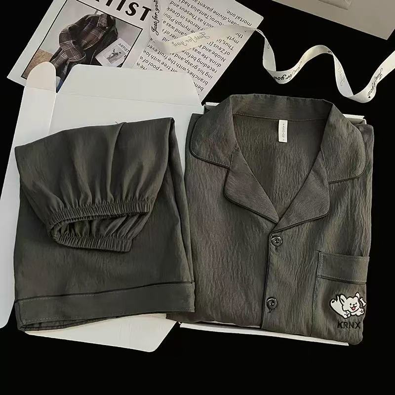 Teen Pajamas Men's Short-Sleeved Shorts Summer Simple Solid Color Embroidered Cardigan Large Size Home Clothes Set Cross-Border