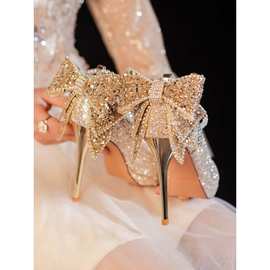 银色高跟鞋女细跟18岁成人礼水晶鞋气质蝴蝶结婚纱新娘婚鞋伴娘鞋