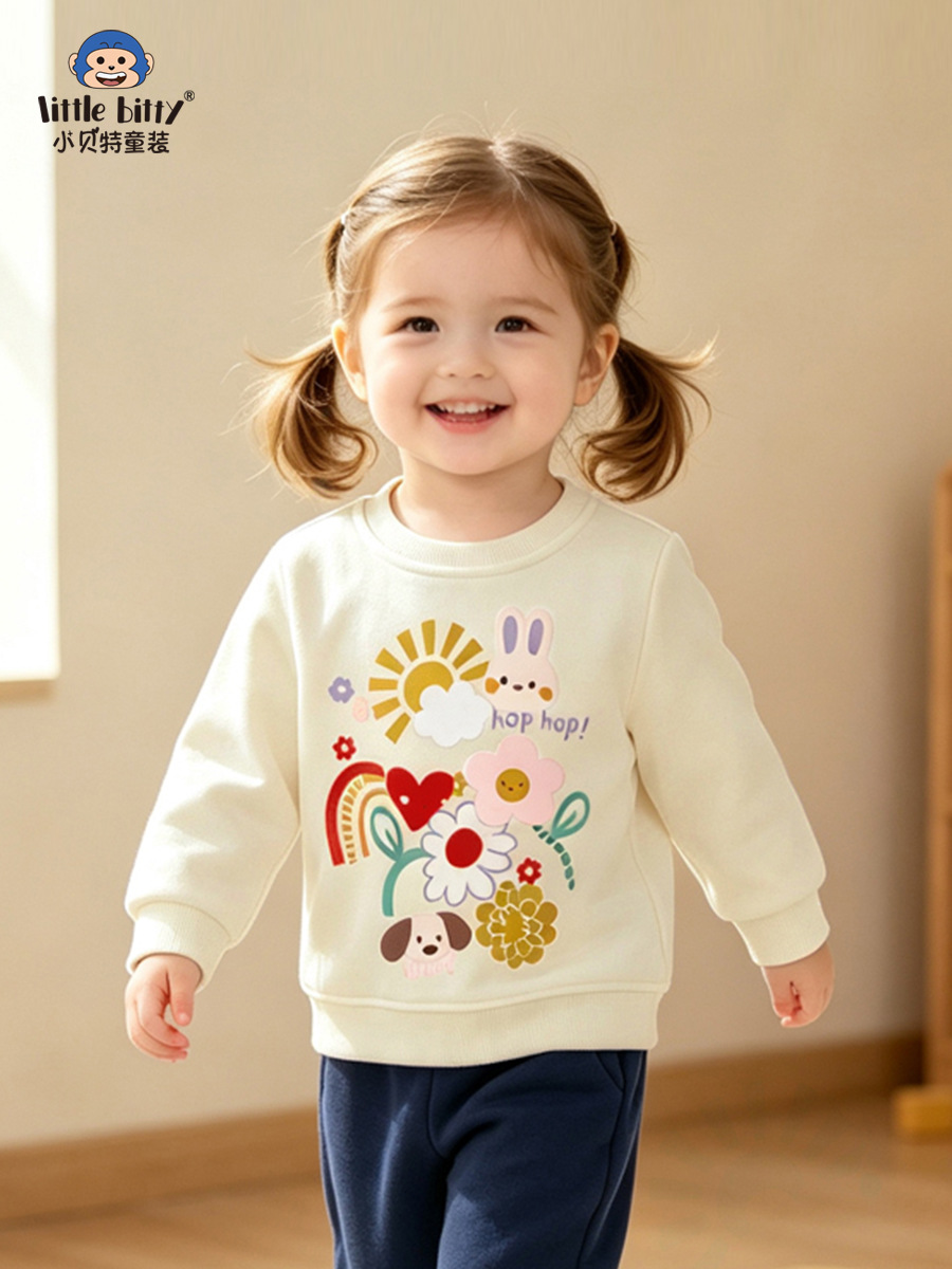 Sweet cross-border supply 2026 children's autumn sweatshirt, fashionable floral girls' sweatshirt, round-neck animal print children's clothing