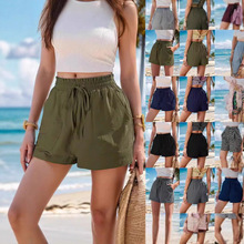2024夏季新款欧美跨境wish宽松亚麻休闲短裤口袋纯色高腰阔腿裤女