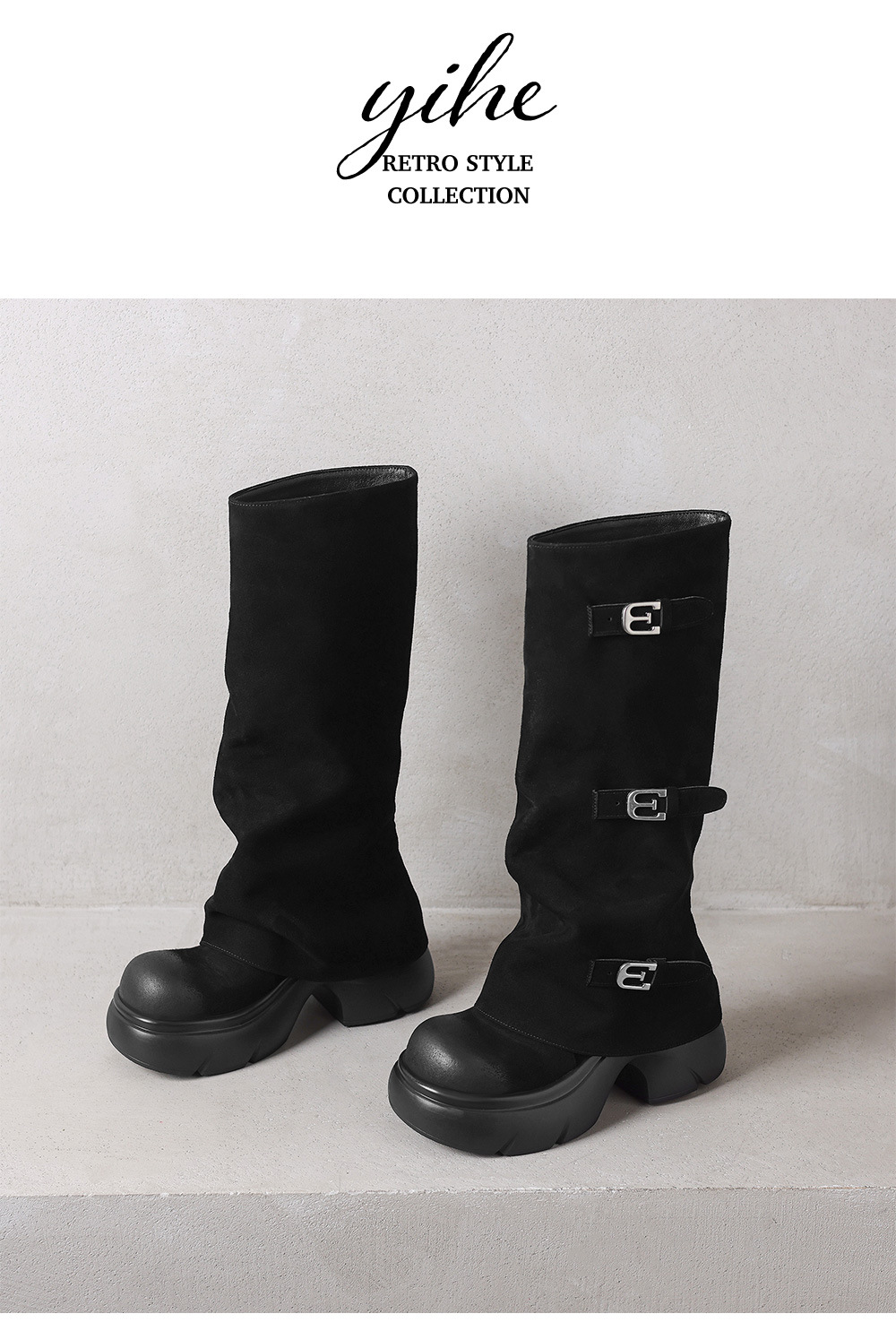 Boot nữ da lộn đế dày phong cách biker, gót platform 5 cm — màu đen chi tiết 14