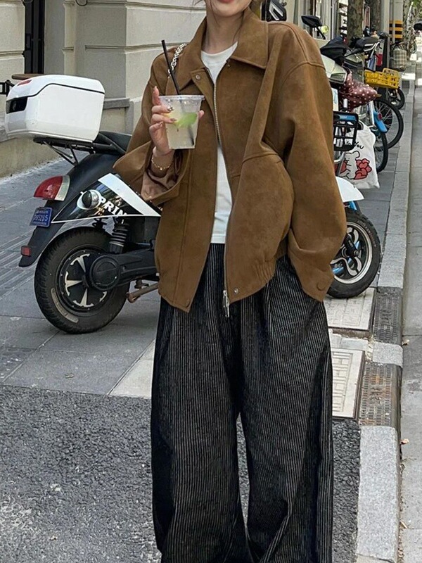 美式复古仿麂皮绒夹克外套女春秋季新款休闲宽松翻领中长款上衣潮|undefined