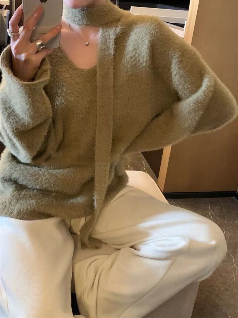 Sciarpa con scollo a V in stile coreano con pullover in pelliccia di visone, morbida maglia appiccicosa per l'autunno e l'inverno delle donne_voghion.com
