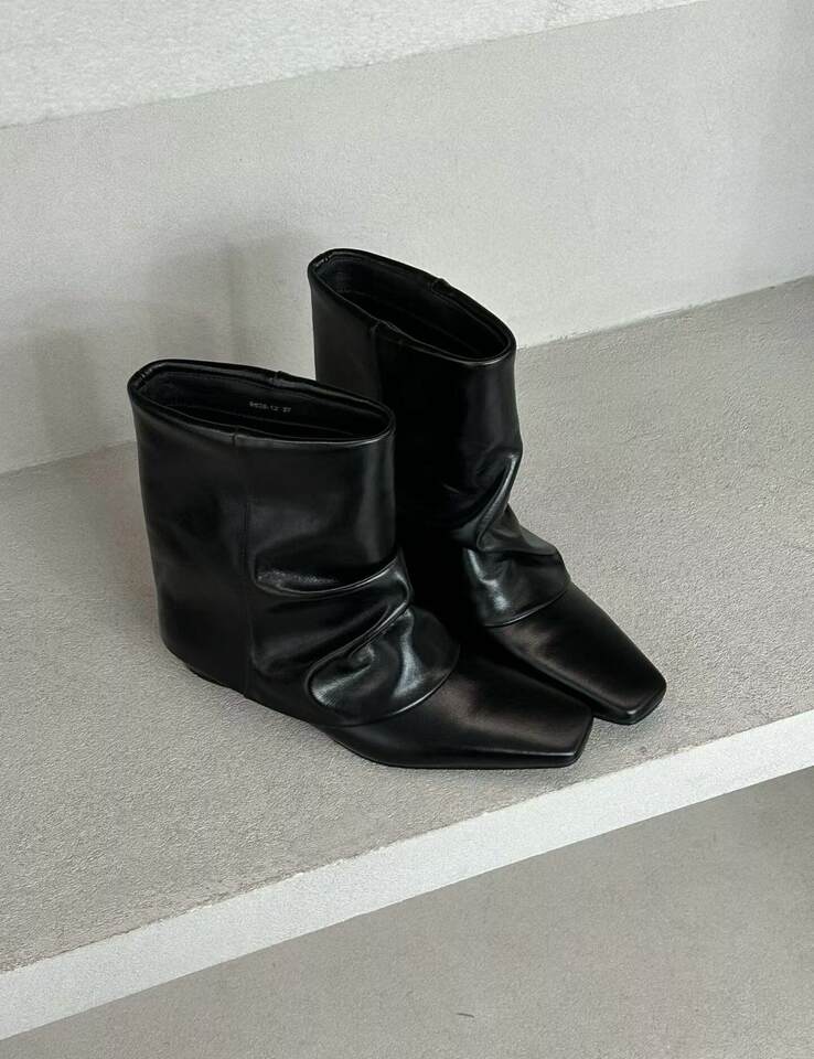 Bốt nữ cổ thấp mũi vuông nhún bèo phong cách Hàn Quốc, bốt Chelsea da bò tôn dáng — màu đen chi tiết 4