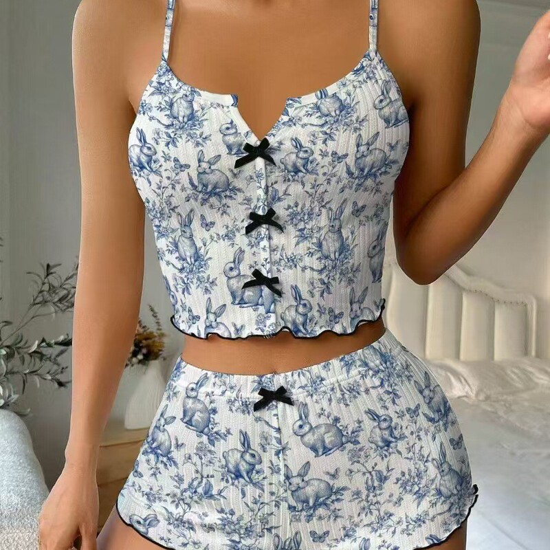 2024 Amazon AliExpress New Product Heart-shaped Printed Contrast Home Clothes Front Split Sling Pajamas suit