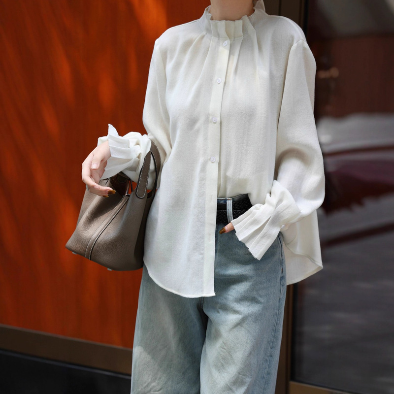 Nanyou Autumn and Winter New Chinoiserie Retro Heavy Wool Cashmere Shirt Pleated Lace Stand Collar Right Shoulder Slimming Look Top