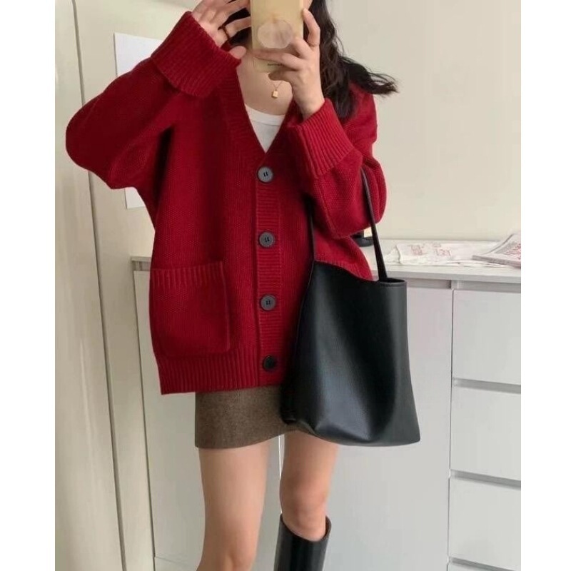 韩版复古V领针织开衫女秋冬新款宽松卷边袖贴布口袋软糯毛衣外套|undefined