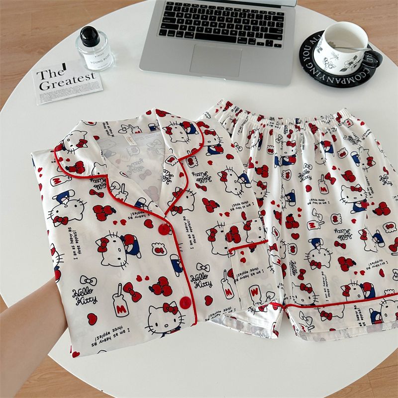 Venta al por mayor transfronteriza lindo hellokitty pijamas de satén elástico de cuatro lados pantalones cortos de manga corta de verano para mujer ropa fina para el hogar de dibujos animados