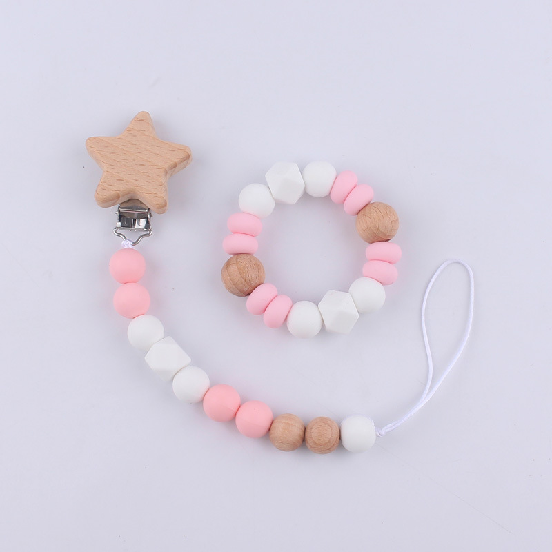 Nuevo bebé suministros de dibujos animados estrella amor chupete clip calmante bebé mordedor chupete cadena anti-gota conjunto de dos piezas