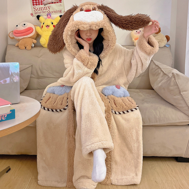 College Student Nightgown Women's Coral Velvet Thickeneded Velvet Warm Pajamas Autumn and Winter Cartoon Large Size Winter Home Clothes