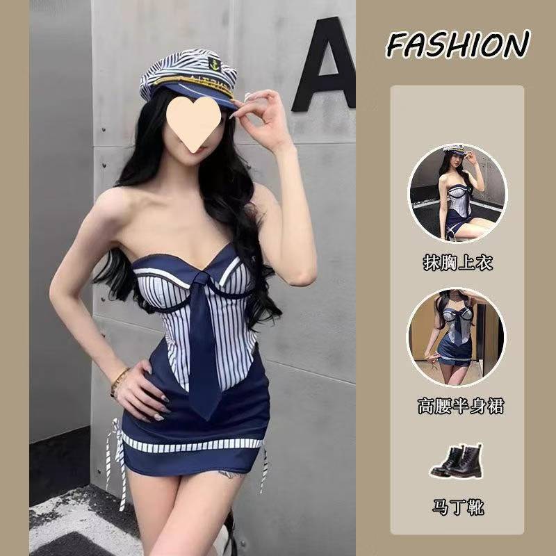 Navy Striped Tube Top and Hip-Covering Skirt Set, Plus Size Roleplay Costume — detail image 1