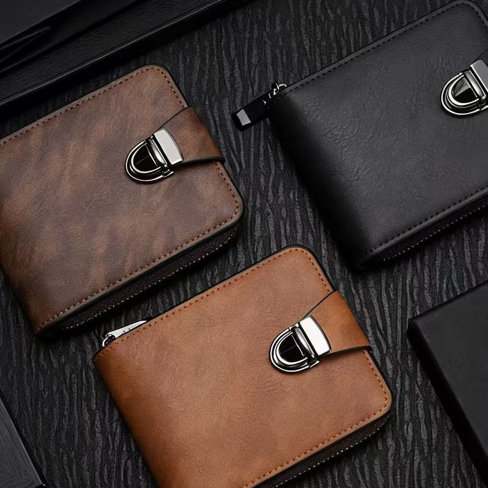 Cross-Border New Men's Short Wallet Retro Fashion Lock Loose Leaf Chain Bag Multi-Card Slot Coin Purse Wholesale