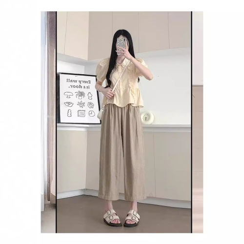 Acetic radish pants for women, summer high-waisted slimming wide-leg pants with a sense of elegance, petite nine-part textured grandma pants