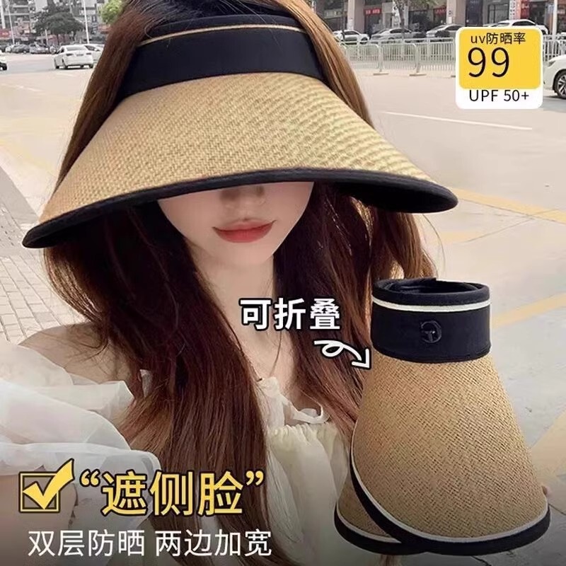 女性用サンハット、夏用麦わら中空帽子、紫外線防止顔を覆う大きなつばの日焼け止め帽子、新しいサイクリング用日よけ帽子|undefined
