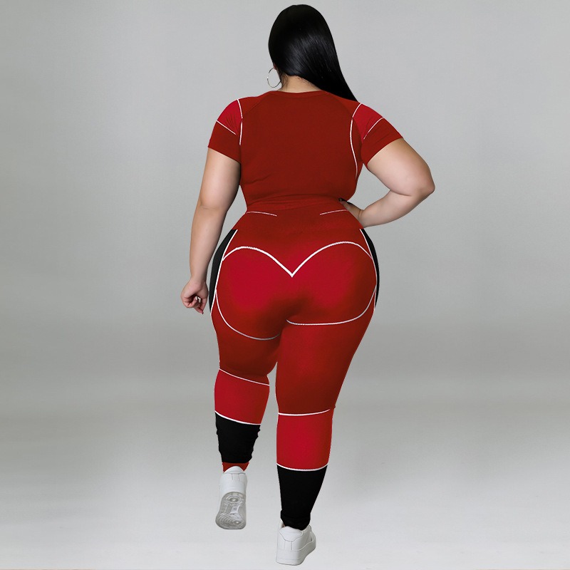 Plus Size Workout Sets For Women 3/4 Sleeve Crop Top And High Waist Yoga Pants, Color Block Sports Outfit, Sweet Style Athletic Wear_ecoleips.com