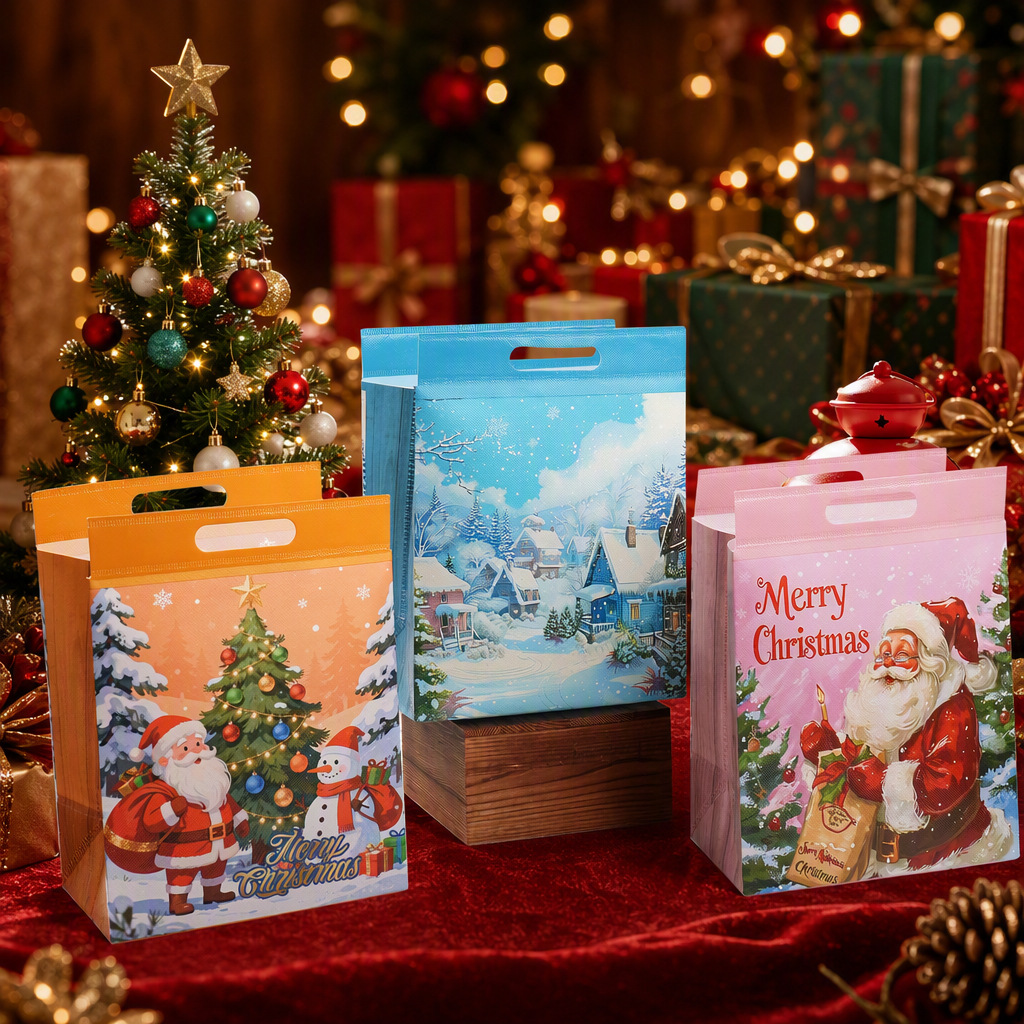 Cross-Border Fashion Non-Woven Christmas Gift Bag with Laminated Santa Claus Gift Packaging Bag Logo