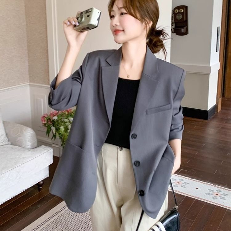 超火休闲灰色西装外套女春秋2025新款设计感小心机开叉蝴蝶结西服|undefined